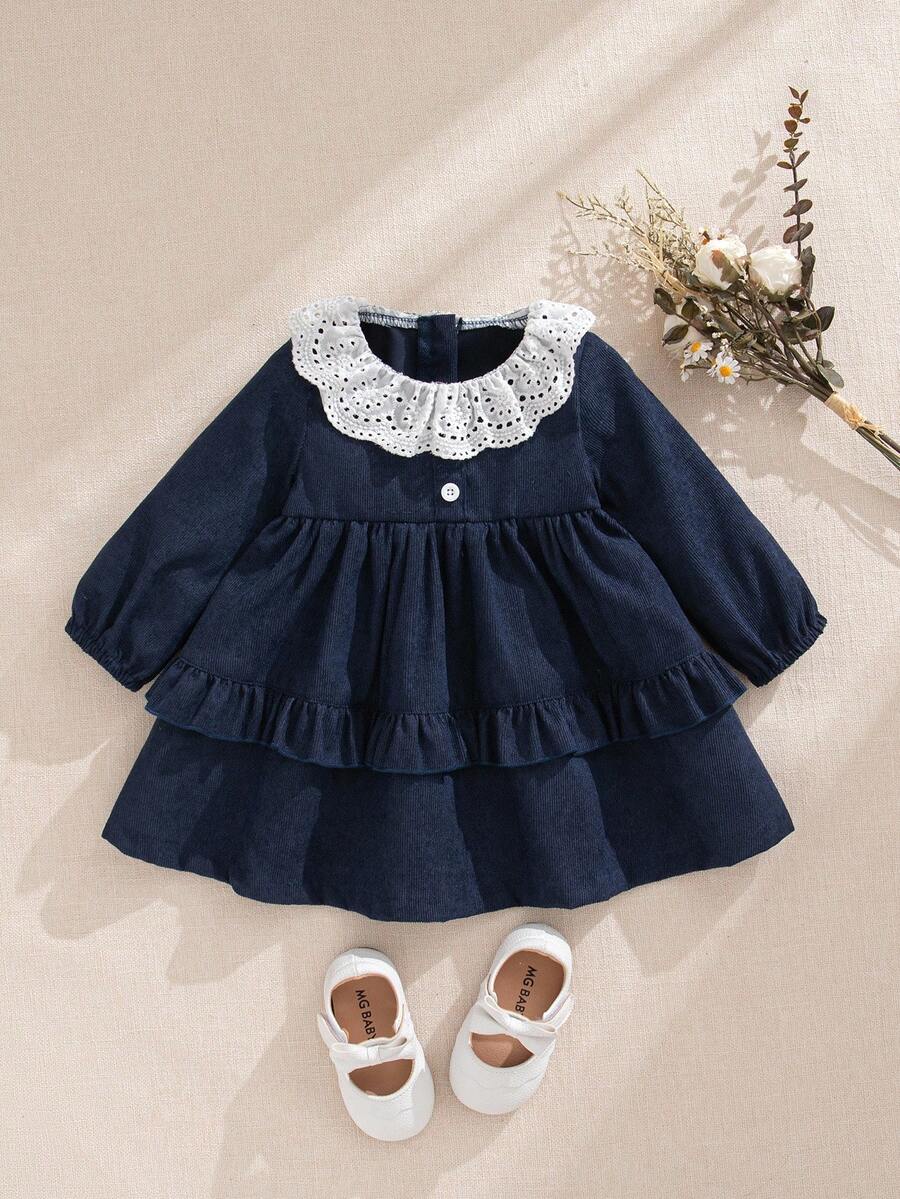 Souflis 法式复古2025秋冬新款休闲长袖藏青色超大白领连衣裙，适合外出、上学、聚会、派对等场合 - 藏蓝色 - 查看 1