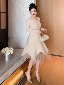 DAZY Women's Autumn Patchwork Asymmetrical Hem Waist Cinched Sweater Dress