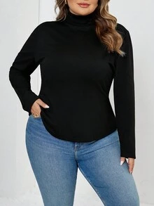 SHEIN CURVE+ Áo thun nữ tay dài cổ lọ dáng ôm màu trơn cỡ lớn cho mùa thu đông, chất liệu vải lót giữ nhiệt nâng cấp, thời trang, giản dị, thoải mái, đa năng mà không trông cồng kềnh - màu đen - Xem 4