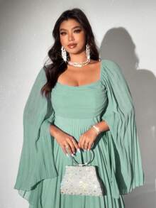 Viva Relle Vestido feminino plus size elegante romântico plissado de chiffon manga comprida - Menta verde - Ver 4