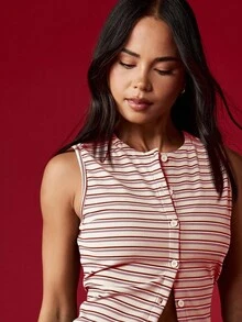 MISSGUIDED 条纹纽扣无袖上衣和阔腿裤两件套休闲家居服套装，抽绳腰带，夏季度假装，圣诞节适用 - 酒紅色 - 查看 5