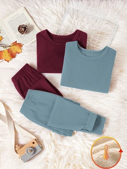 SHEIN Playful Pals 2 set Young Boy vinröda och ljusblå termokunderkläder, långbyxor och långärmade toppar, stretchigt stickat tyg, maskintvättbar, bekväm passform, matchande familjekläder (2 set säljs separat)