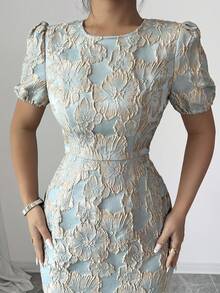 SHEIN Tall Round Neck Short Sleeve Textured Pea Green Embroidered Waist Cinching Bodycon Fish Tail Ruffle Hem Mini Dress, Bubble Sleeves, Elegant French Style For Work, Romantic Occasions