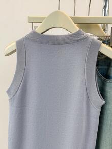 SHEIN Áo len cổ tròn không tay đơn sắc, thoải mái, đa năng dành cho nữ - Xám - Xem 7