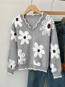 SHEIN Tween 女童时尚休闲花卉 V 领厚针织套头衫，女童浅灰色套头衫，时尚外出，秋冬 - 淺灰色 - 查看 3