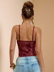 SHEIN BAE 女士细肩带刺绣亮片弹力透明紧身衣，性感 - 酒紅色 - 查看 2