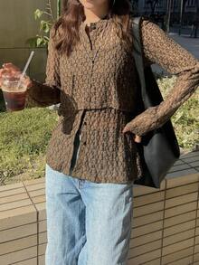 FRIFUL 2 件女士休闲套装：长袖单排扣上衣和吊带背心 - 棕色 - 查看 4