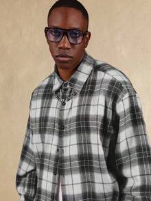 SUMWON Cotton Classic Button Down Long Sleeve Plaid Flannel Shirt Relaxed Fit Casual Fall Winter Heavyweight Oversized Collar Button Cuff Office Wear - Black and White - View 6