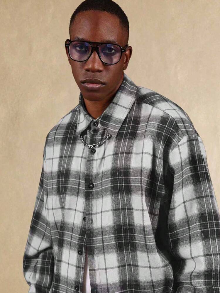 SUMWON Cotton Classic Button Down Long Sleeve Plaid Flannel Shirt Relaxed Fit Casual Fall Winter Heavyweight Oversized Collar Button Cuff Office Wear