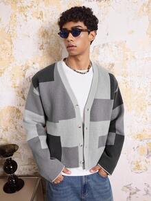 SWAVVY Men's Autumn Casual Collegiate Style Patchwork Pattern V-Neck Button-Up Cardigan, For Fall Winter - Grey - View 4