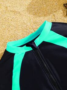 SHEIN Tween Boy Casual Sports Graphic One-Piece Swimsuit For Beach, Swimming, Surfing - Blue - View 3