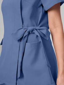 Scrubzie Anti-Wrinkle Short Sleeve Tie-Up Long Shirt And Long Pants Scrub Uniform Set - Blue - View 3