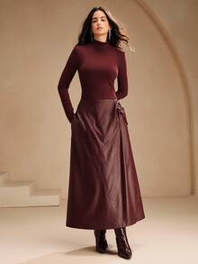 Anewsta Vestido elegante de manga larga de punto y PU para mujer en otoño/invierno, vestido ajustado de línea A largo en color burdeos, estilo streetwear, adecuado para otoño, invierno, Año Nuevo, fiestas, bodas - Burdeos - Ver 7