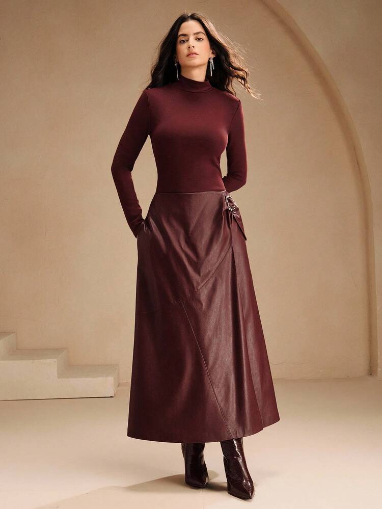 Women's Autumn/Winter PU Knit New Long Sleeve Elegant Dress, Burgundy Long A-Line Streetwear Style Fitted Dress, Suitable For Fall, Winter, New Year, Party, Wedding