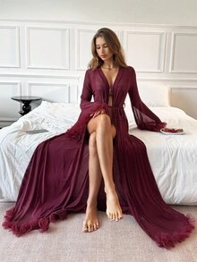 Aloruh This Lady's Autumn Anconita Red Dress Is Perfect For Halloween Costumes - A Sexy See-Through Mesh Lace Nightgown With Lace Trim. The Long Red Design Is Suitable For Both Vacation Wear And The Elegant Dressing Of Home-Based Women. It Can Also Be Used As A Nightgown Outerwear. - Burgundy - View 2