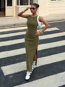 Muchica Women's Casual Everyday Commute Solid Color High Slit Hem Bodycon Sleeveless Dress, Summer - Army Green - View 5