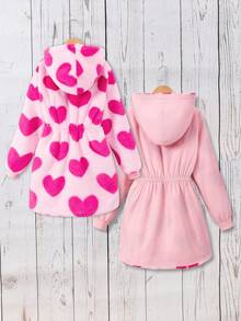 SHEIN 少女心形图案双面连帽休闲夹克，秋冬 - 玫紅色 - 查看 2