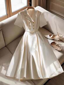 SHEIN Clasi Women's Elegant Solid Color Double-Breasted Midi Dress, Suitable For Commuting - Apricot - View 1