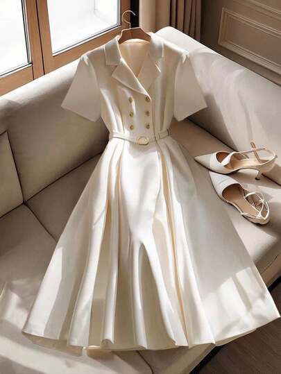 SHEIN Clasi Elegant enfärgad dubbelknäppt midiklänning för kvinnor, lämplig för pendling