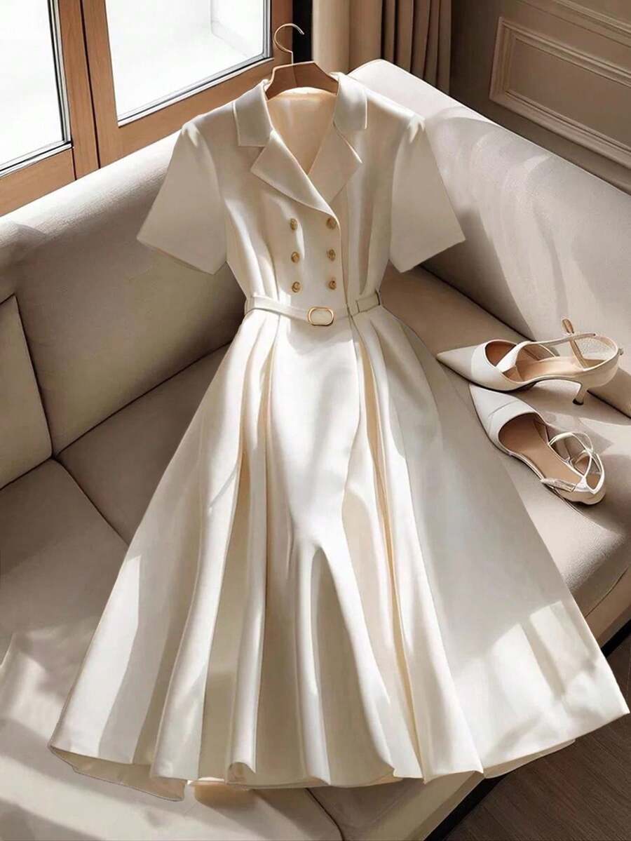 SHEIN Clasi Women's Elegant Solid Color Double-Breasted Midi Dress, Suitable For Commuting - Apricot - View 1