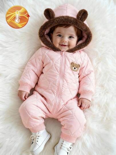 SHEIN Baby Mädchen Kapuzen-Jumpsuit, dicker Baumwoll-Romper mit Bären-Ohr-Kapuze und Bären-Grafik, Reißverschluss, geeignet für 0-3 Jahre, diamantgesteppt, weich, geeignet für Outdoor-Aktivitäten, Familienfeiern, Herbst/Winter