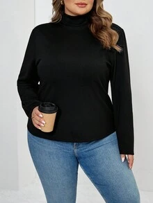 SHEIN CURVE+ Áo thun nữ tay dài cổ lọ dáng ôm màu trơn cỡ lớn cho mùa thu đông, chất liệu vải lót giữ nhiệt nâng cấp, thời trang, giản dị, thoải mái, đa năng mà không trông cồng kềnh - màu đen - Xem 5