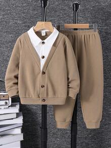 SHEIN 2pcs Toddler Unisex Knit Patchwork Collar Jacket And Pants Set Boys Brown 2 Piece Set Boy Linen Outfit Boy Two Piece Set - Multicolor - View 3