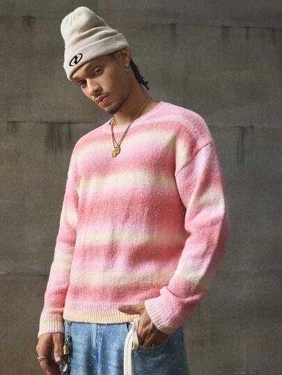 AXEPEAK Men's Casual Contrast Color Round Neck Loose Fit Sweater, Autumn/Winter