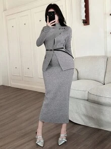 DAZY 2件套女士纯色无袖连衣裙和毛衣套装，秋季 - 灰色 - 查看 3