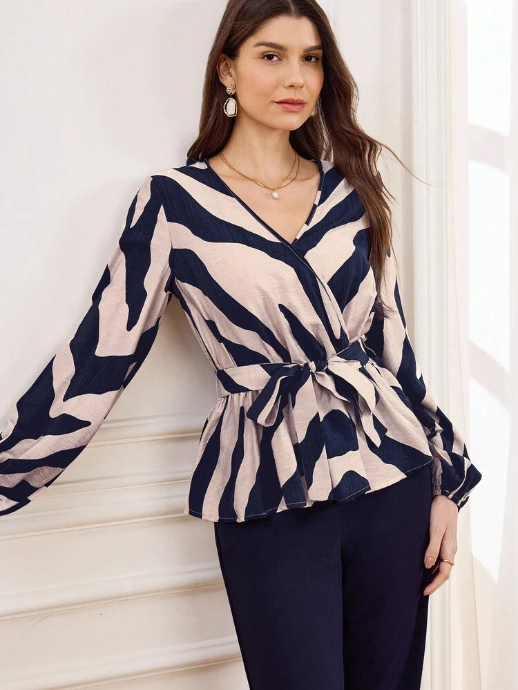 Elegant 2 Pieces Set: Abstract Line Print Wrap Top And Black Pants, Chic Outfit For Going Out, Autumn/Winter, Fall Clothes For Women,Elegant Women's Set,Women's Commuting Suit,Wrap-Around Tie Top And Pencil Pants Two-Piece Set