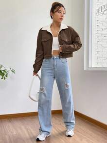 SHEIN EZwear 女式卡其色羊毛卡车司机前口袋厚翻盖细节保暖衬里落肩泰迪熊衬里冬季柔软灯芯绒短款夹克 - 咖啡棕 - 查看 5