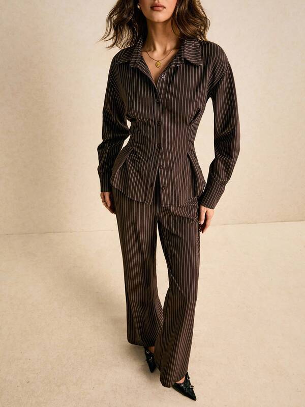 Poéselle Chocolate Pinstripe Shirt & Wide-Leg Pant Co-Ord Set – Tailored Two-Piece Workwear For Effortless Office Chic,Pleated Waist, Waist-Cinching Shirt Two-Piece Suit,Women's Striped Long Sleeve Button-Down Waist Shirt And Pants Casual 2 Pieces Set,Pinstripe Suit Women, Two Piece Office Set, Brown Co Ord Outfit, Business Casual Workwear, Tailored Wide Leg Pants,Fall Office Fashion, Minimalist Work Outfit,Simple And Fashionable, Old Money Style, Suitable For Daily Wear On The Street, Commuting, Home, Holidays, Dates And Other Occasions
