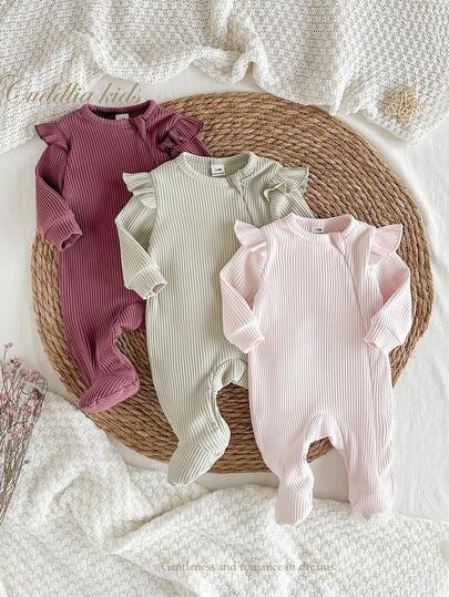 SHEIN 新生儿柔软罗纹针织无脚睡衣，拉链开合，砖红色、浅粉色、灰色、绿色，百搭纯色组合，多件装，秋冬家居服