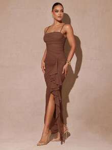 Silquee Elegant Sage Green Romantic Ruffle Sleeve High Slit Dress, Lace Bodycon Party Dress For Women, Suitable For Valentine's Day, Date, Wedding, Prom - Brown - View 4
