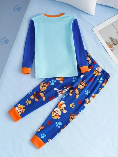 SHEIN | PAW Patrol 2 pezzi/set Pigiama casual per ragazzo con stampa di cani, composto da maglietta a maniche lunghe con collo tondo e pantaloni, comodo e elastico