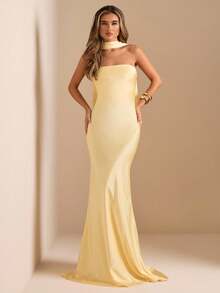 SHEIN BAE Elegant Strapless Backless Dress With Sash, Sexy Solid Color Cream Yellow Formal Gown For Party, Cocktail, Wedding, Birthday, Bridesmaid,Dresses For Women Elegant,New Year Dress ,Elegant Party Dresses,Dresses For Women Elegant - Light Yellow - View 5