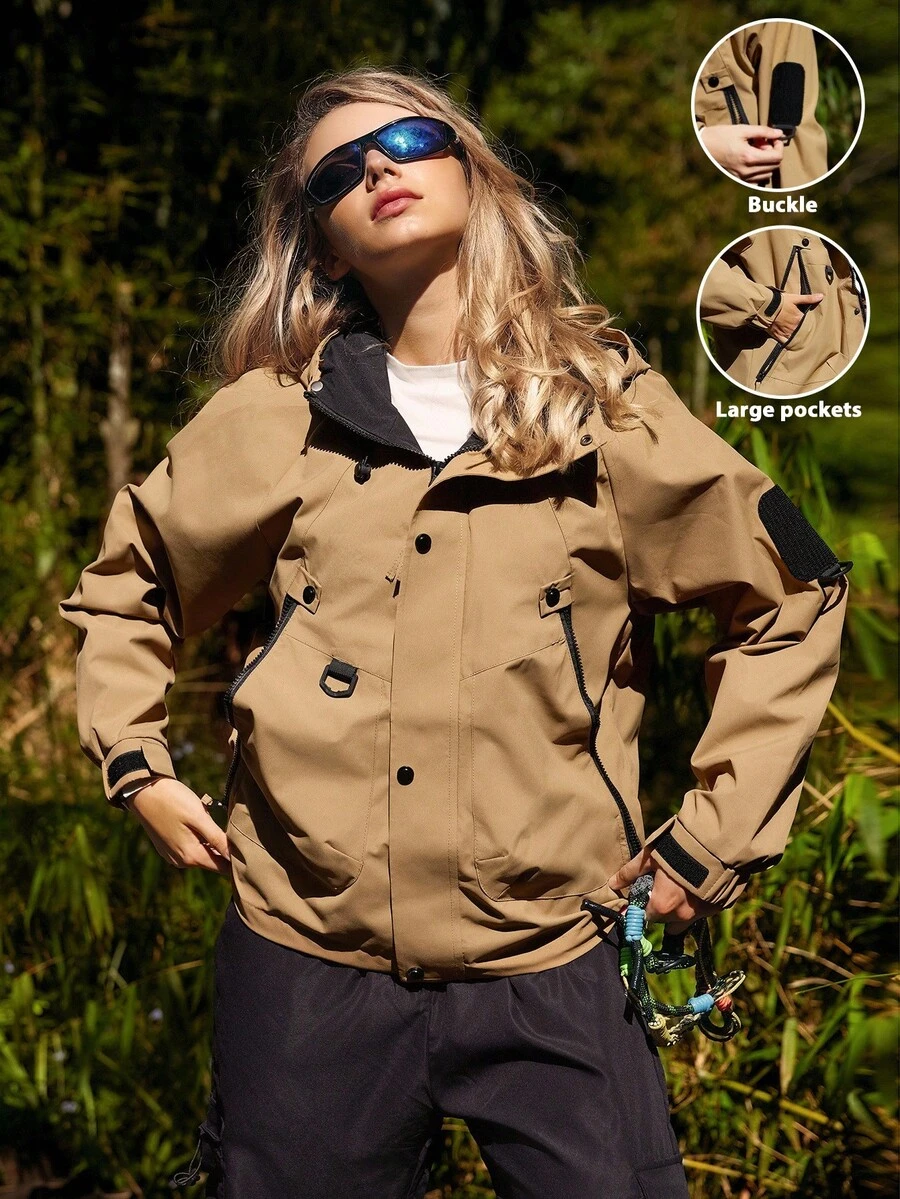 WanderVale Women's Hooded Jacket With Sleeve Patch, Elastic Cuff, Zipper Closure, Front Zipper, Adjustable Hem, Suitable For Spring And Autumn - Khaki - View 1
