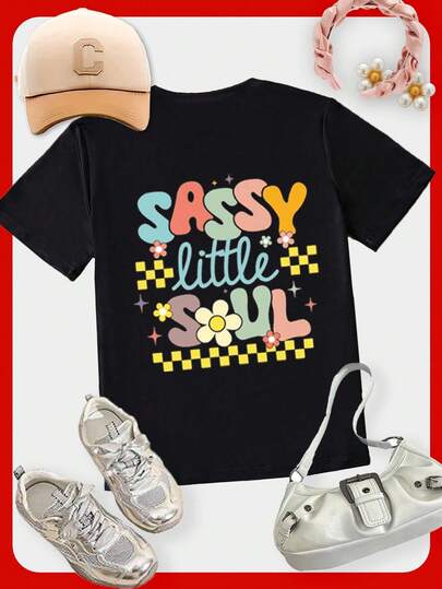 SHEIN Young Girl Casual Comfortable Fashion Minimalist Floral & Letter Graphic Short Sleeve T-Shirt, Spring/Summer