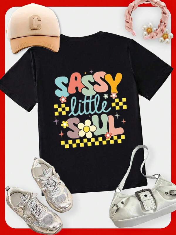 SHEIN Camiseta de manga corta con gráfico floral y de letras, de estilo minimalista y cómodo, para niña, para primavera/verano