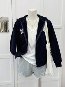 SHEIN Serisse Kids 少女休闲日常校服字母印花拉链卫衣，带口袋，保暖内衬，适合返校季秋冬季穿着 - 寶藍色 - 查看 7