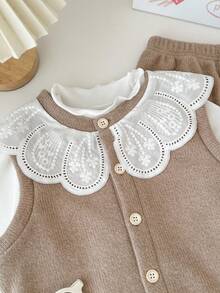 Genkimix Kids Genkimix 女童荷叶边领纯色上衣 + 碎花领装饰休闲纽扣背心 + 纯色直筒裤 3 件套