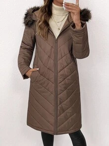 SHEIN Clasi معطف نسائي أنيق بغطاء رأس مبطن بنمط السمكة الهرنجية، معطف مبطن متوسط الطول للخريف/الشتاء - بني فاتح - مشاهدة 4