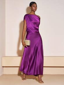 Zivah 2025 Autumn New Music Festival, Easter, St. Patrick's Day, Western, Nomadic, Birthday Party, Graduation, College Style, Student Wear, Daily Casual, All-Match Versatile, Leisure, Vacation, Cruise Travel, Beach, Sunbathing, Viral , Streetwear, Wedding Guest Boho, Commute, Brunch, Airport, Party & Holiday Outfits, Asymmetric Shoulder Long Satin Shiny Purple Dress - Purple - View 6