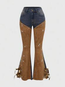 ROMWE Quần jeans ống loe cạp thấp họa tiết da lộn vá lỗi phong cách cổ điển dành cho nữ phong cách miền Tây cao bồi Hippie - Nhiều màu - Xem 1