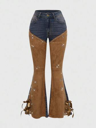 Jeans évasés à taille basse vintage délavés en patchwork  style hippie western cowgirl pour femmes