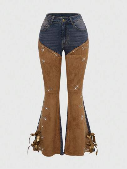 Hippie Western Cowgirl Suede Patchwork Distressed Vintage Women Flare Low Waist Jeans