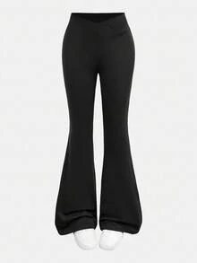 Girlism 2pcs/Set Teen Girls' Basic Mid-Calf Flare Leggings, Black & Navy Blue Waist Criss-Cross Design Skinny Casual Flare Pants Set Bell Bottom Pants Pants Flare Leg Flare Pants Teen Girls Girls Sports Knit Flared Pants Flared Leggings - Navy Blue - View 3