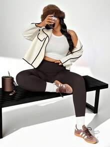 Auralis Athleisure 大码冬季女式纯色高腰无缝运动紧身裤（深棕色）、瑜伽、运动裤、冬季女式慢跑裤、女式冬季运动裤 - 咖啡棕 - 查看 6