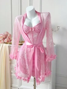 SHEIN 2pcs Set: 3D Floral Lace Robe + Fishbone Waist Design Lace Camisole Nightgown Pink Lingerie Dress Lingerie Robe Set Sheer Robe Mesh Robe - Pink - View 6