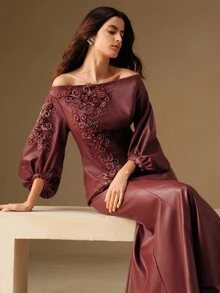 Anewsta 新款露肩刺绣仿皮长裙，适合秋季、秋季、冬季、外出、优雅、正式、派对、别致、新年、圣诞节、工作、毕业、婚礼、圣诞节、勃艮第酒红色 - 酒紅色 - 查看 6